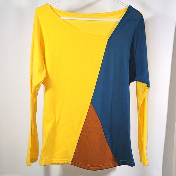 Vintage Geometric Colour Block Slub Top, 80s Style, M - Picture 2 of 7